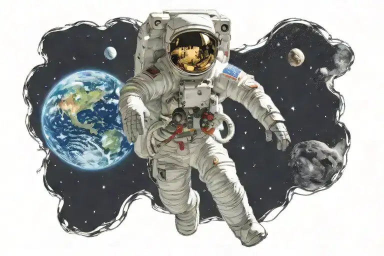 black space background with whisps of galaxy coloring. Astronaut with moon's reflection in visor & Earth in background. tattoo design idea