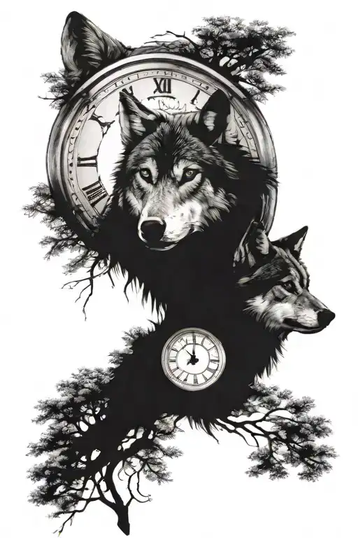 wolf with trees and a clock face tattoo design idea
