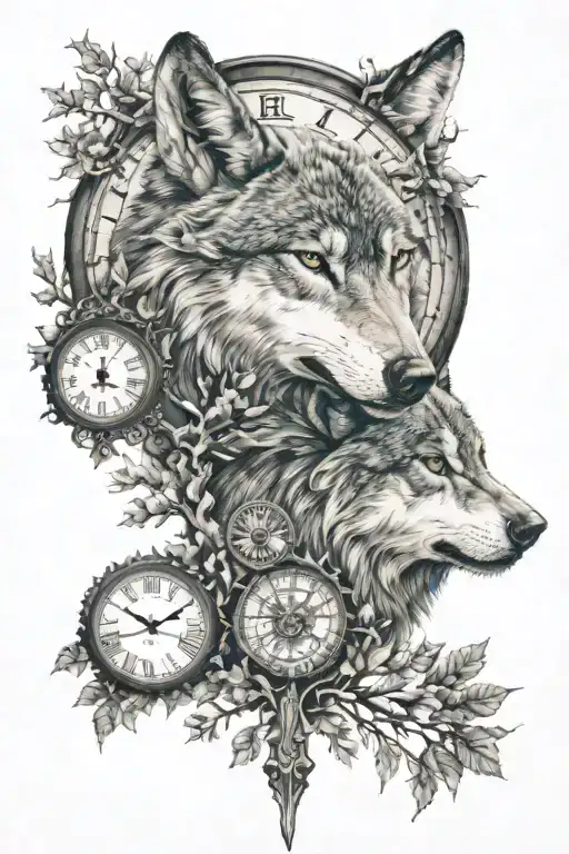 wolf with trees and a clock face tattoo design idea