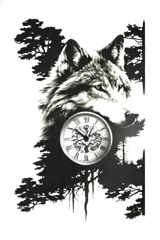 wolf head with trees in the front and a clock face on the top tattoo design idea