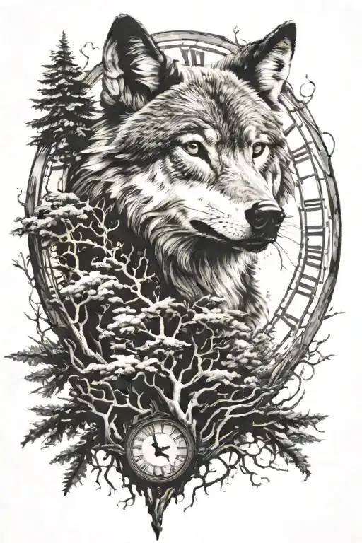 wolf head with trees in the front and a clock face on the top tattoo design idea