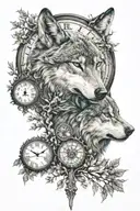 wolf with trees and a clock face tattoo design idea