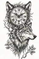 wolf with trees and a clock face tattoo design idea