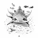 A scuba diver exploring a coral reef with a majestic whale shark and manta rays surrounding them tattoo design idea