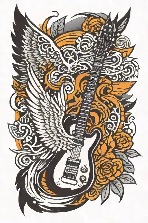 electric guitar and wings spread wide tattoo design idea