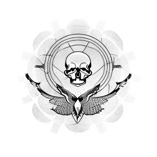 bare tree with ravens, a skull surrounded by three concentric circles tattoo design idea