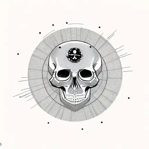 bare tree with ravens, a skull surrounded by concentric circles tattoo design idea