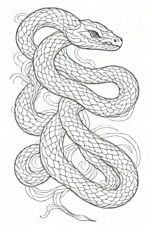 Minimalistic linear flowing snake tattoo, black and white, no color, no shadow, line tattoo, mystical serpentine, smoke  tattoo design idea