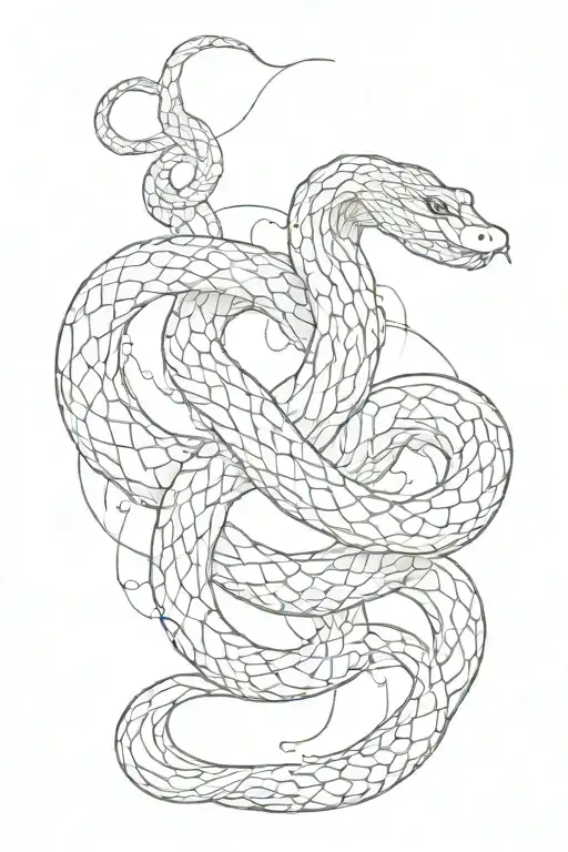Minimalistic linear flowing snake tattoo, black and white, no color, no shadow, line tattoo, mystical serpentine, smoke  tattoo design idea