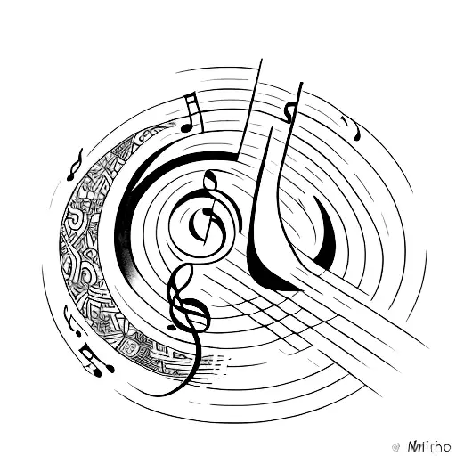 An abstract representation of music and art merging under a crescent moon tattoo design idea