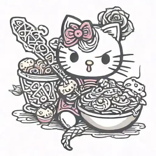 hello kitty eating kebab tattoo design idea
