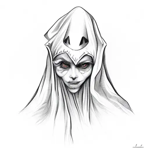 Ghost with a witch hat runnng with face like animated  tattoo design idea