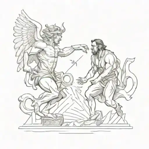 A sketch tattoo of a lawyer and a forex trader battling mythical creatures from Greek mythology tattoo design idea