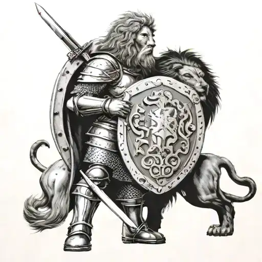 English Crusader standing with a sword and shield. A lion stands next to him. tattoo design idea