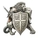 English Crusader standing with a sword and shield. A lion stands next to him. tattoo design idea