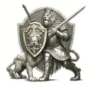 English Crusader standing with a sword and shield. A lion stands next to him. tattoo design idea