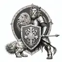 English Crusader standing with a sword and shield. A lion stands next to him. tattoo design idea