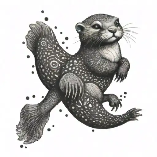 A playful dotwork otter floating on its back in a black-grey river filled with sketch-style fish tattoo design idea