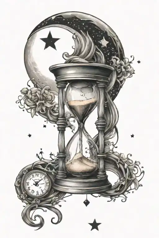 Penelope intertwined with hourglass and moon surrounded by stars  tattoo design idea