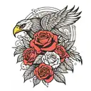 Sun, clouds, lighting, Jessie, Jess, Anglica, Elena with red roses and grey leaves with branches with a eagle  tattoo design idea