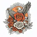Sun, clouds, lighting, Jessie, Jess, Anglica, Elena with red roses and grey leaves with branches with a eagle  tattoo design idea