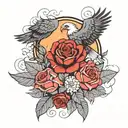 Sun, clouds, lighting, Jessie, Jess, Anglica, Elena with red roses and grey leaves with branches with a eagle  tattoo design idea