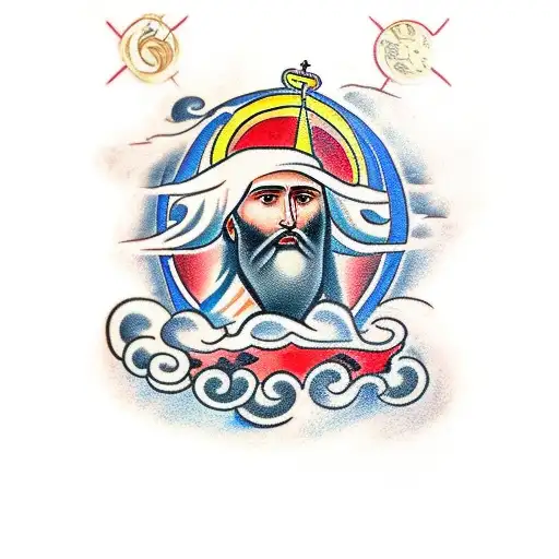 A traditional tattoo of Saint Elijah surrounded by clouds and airplanes, with red and black colors.  tattoo design idea