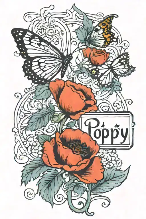 Poppy written in cursive with a heart and butterfly's tattoo design idea