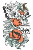Poppy written in cursive with a heart and butterfly's tattoo design idea