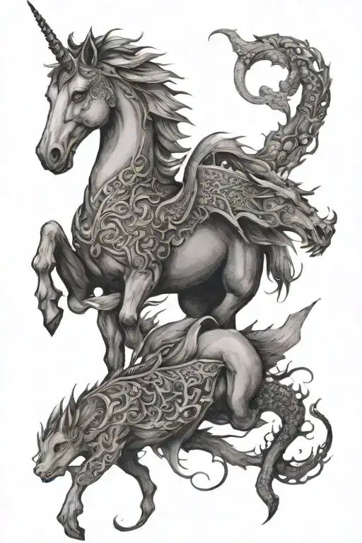 unicorn and dragon intertwined tattoo design idea