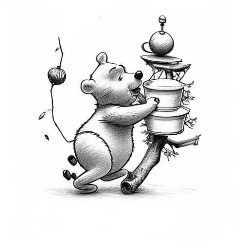 A Winnie the Pooh character swinging from a tree branch with a honey pot nearby tattoo design idea
