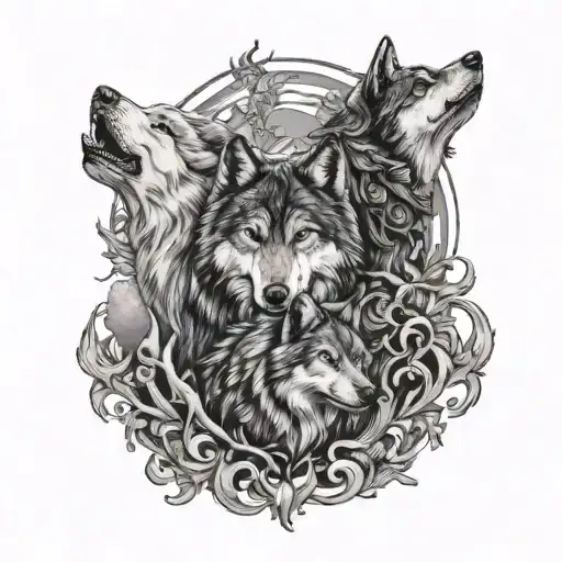 Black and white wolves skoll and hati sun tattoo design idea