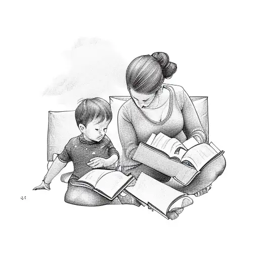 mom holding little boy and girl while reading a book tattoo design idea