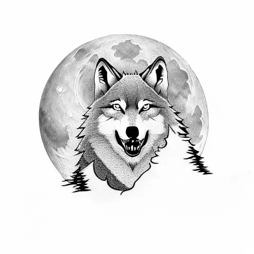 A wolf howling at the moon in a dense forest tattoo design idea