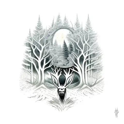 A wendigo emerging from a book with a forest landscape inside it tattoo design idea