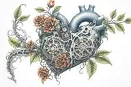 bio mechanical heart, gears, vines, flowers  tattoo design idea