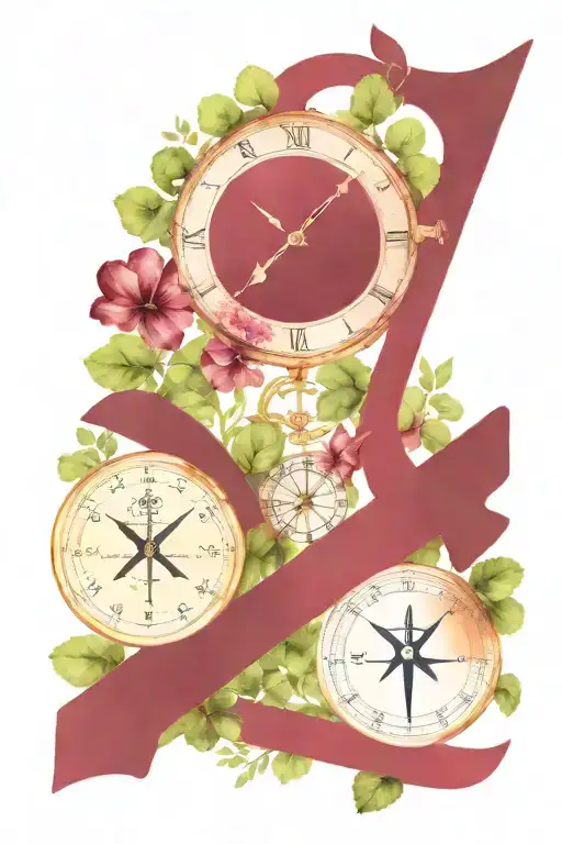 arrow shooting across a field of 4 leaf clovers hands on the clock and compass with an anchor saying Tide&Time  tattoo design idea
