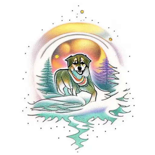 A mystical forest with a silhouette of a golden retriever and husky walking side by side tattoo design idea