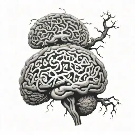 A brain with neurons forming words in various languages, representing the power of language in psychology tattoo design idea