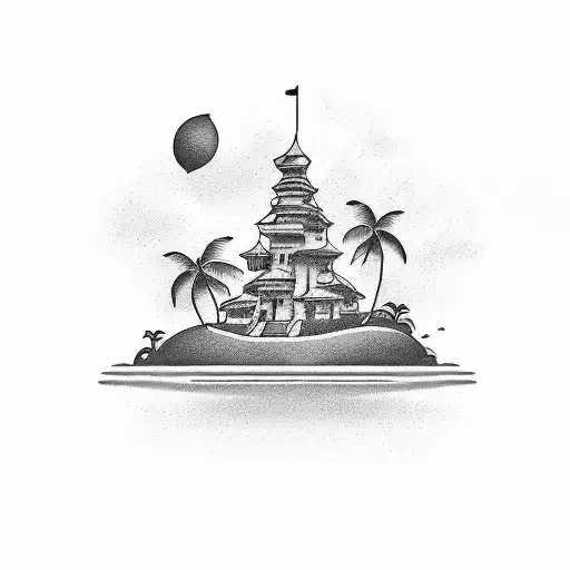 paradise island with shade of mom dad and son tattoo design idea
