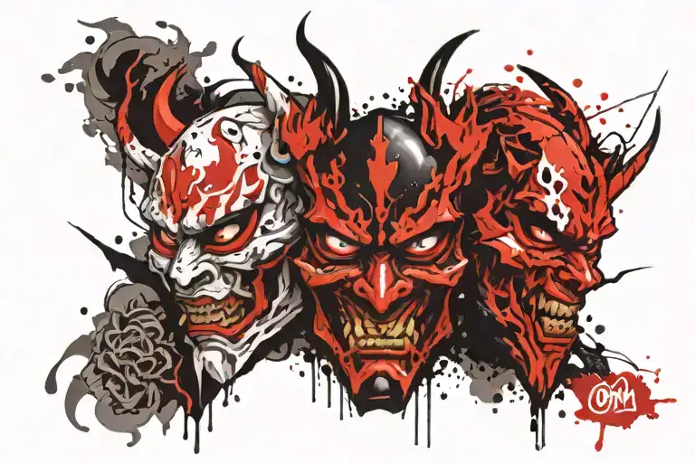 oni mask split in half tattoo design idea