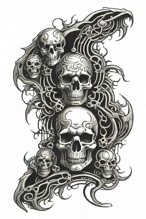 deep psychedelic bag tattoo with tribals and skulls, based on hr giger style  with central composition tattoo design idea