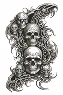 deep psychedelic bag tattoo with tribals and skulls, based on hr giger style  with central composition tattoo design idea