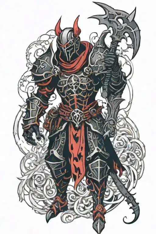 necromancer wearing black and red armour tattoo design idea
