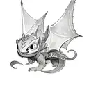 A sketch style tattoo of Astrid riding on the back of Toothless, capturing the adventurous spirit of the client's favorite movie tattoo design idea