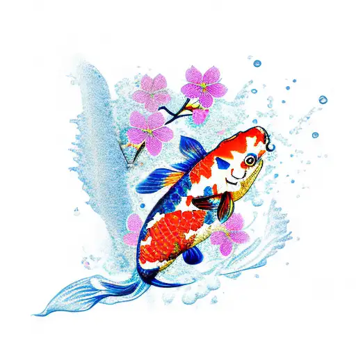 A colorful koi fish transforming into a cherry blossom tree tattoo design idea