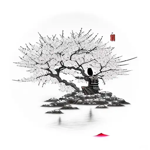 Samurai meditating under a blooming cherry blossom tree tattoo design idea