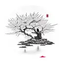 Samurai meditating under a blooming cherry blossom tree tattoo design idea