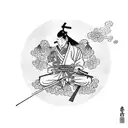 Samurai meditating under a blooming cherry blossom tree tattoo design idea