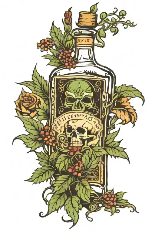 blackjack cards weed plant growing together bottle of whiskey tattoo design idea